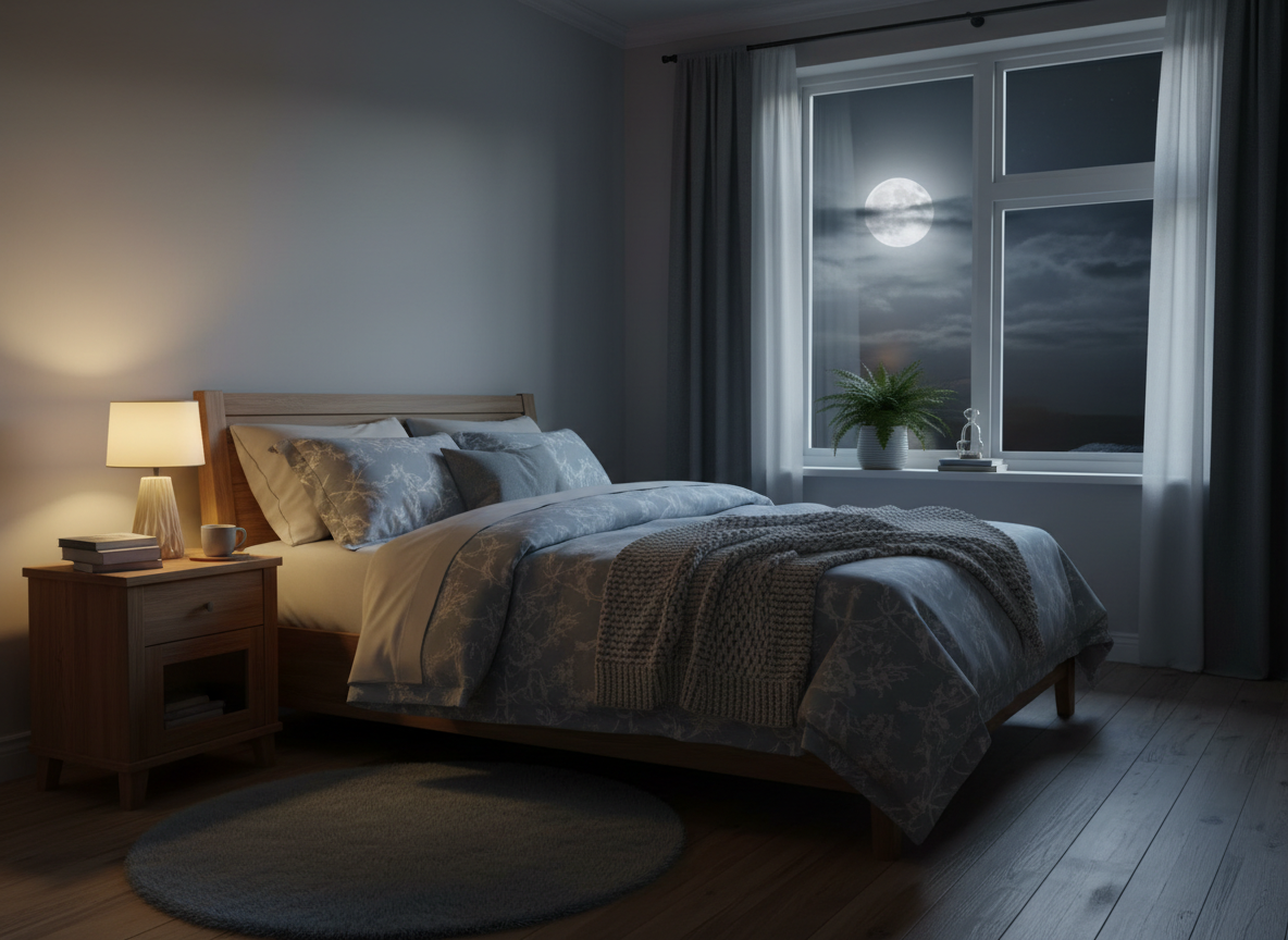 A calm, cozy bedroom at night, soft warm lamp light, moonlight through a window, neatly made bed with soft blue and white linens, peaceful and serene atmosphere, editorial photography style, no text, no people