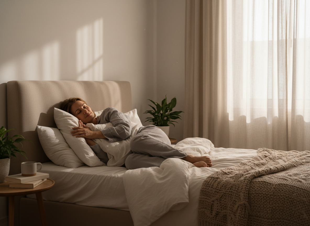 A serene middle-aged person resting peacefully in a comfortable bed, soft morning light through curtains, calm bedroom with warm neutral tones, editorial wellness photography style, no text, no visible face close-up